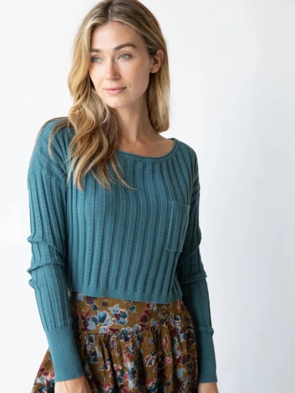 Natural Life Teal Patti Layering Ribbed Knit Crop Sweater Boho Hippie Medium